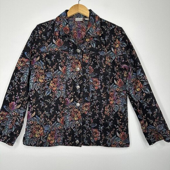 Chicos Tapestry Jacket Size M Black Floral Colorful - Picture 1 of 8